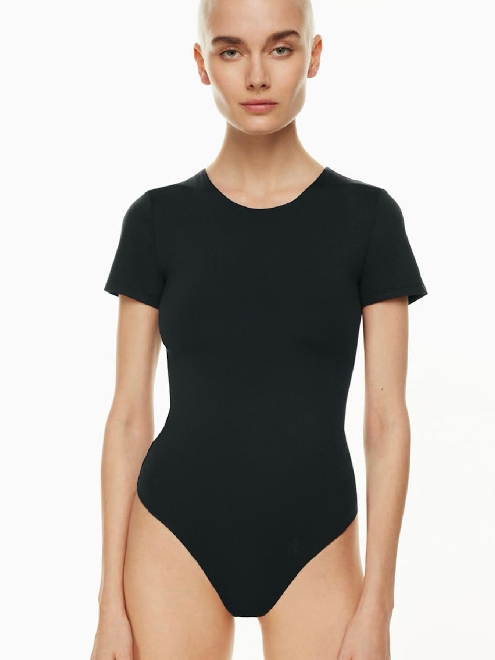 Aritzia Black Short-Sleeve Contour Crewneck Bodysuit Size Small Snap Thong